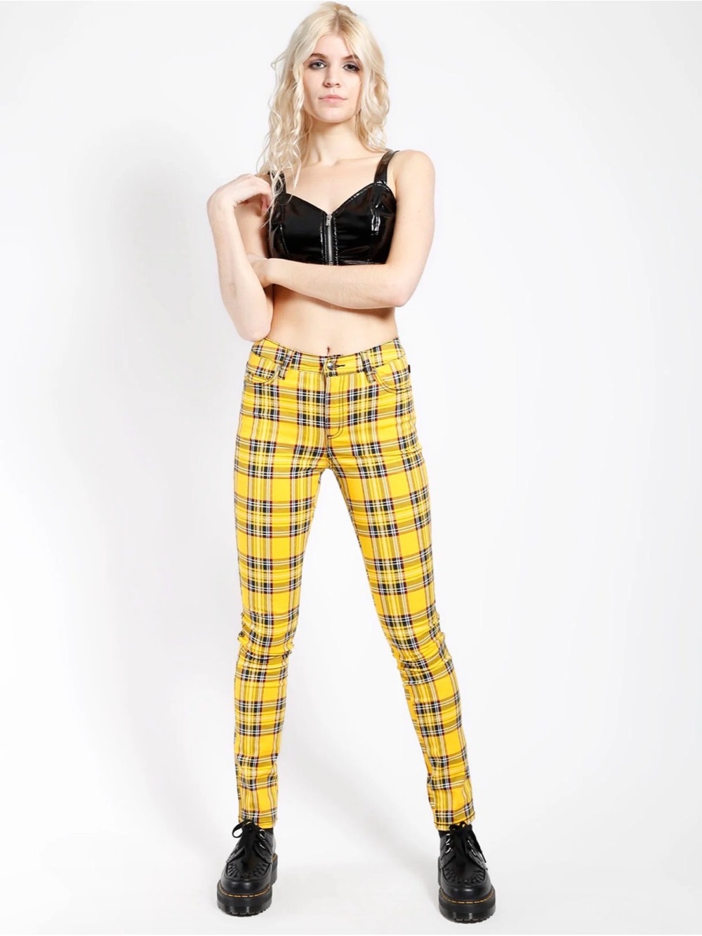 TRIPP NYC High Waist T-Back Skinny Jean Yellow Plaid Stretch Size: 28/7 (Stains)
